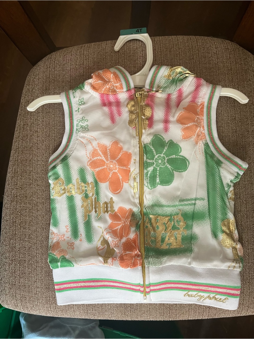 Baby Phat Floral Zip-Front Sleeveless Hoodie Vest in White, Green & Orange